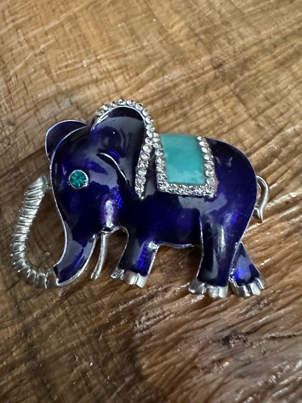 Blue Enamel Elephant Brooch Turquoise Saddle Rhinestone Silver Tone Pin